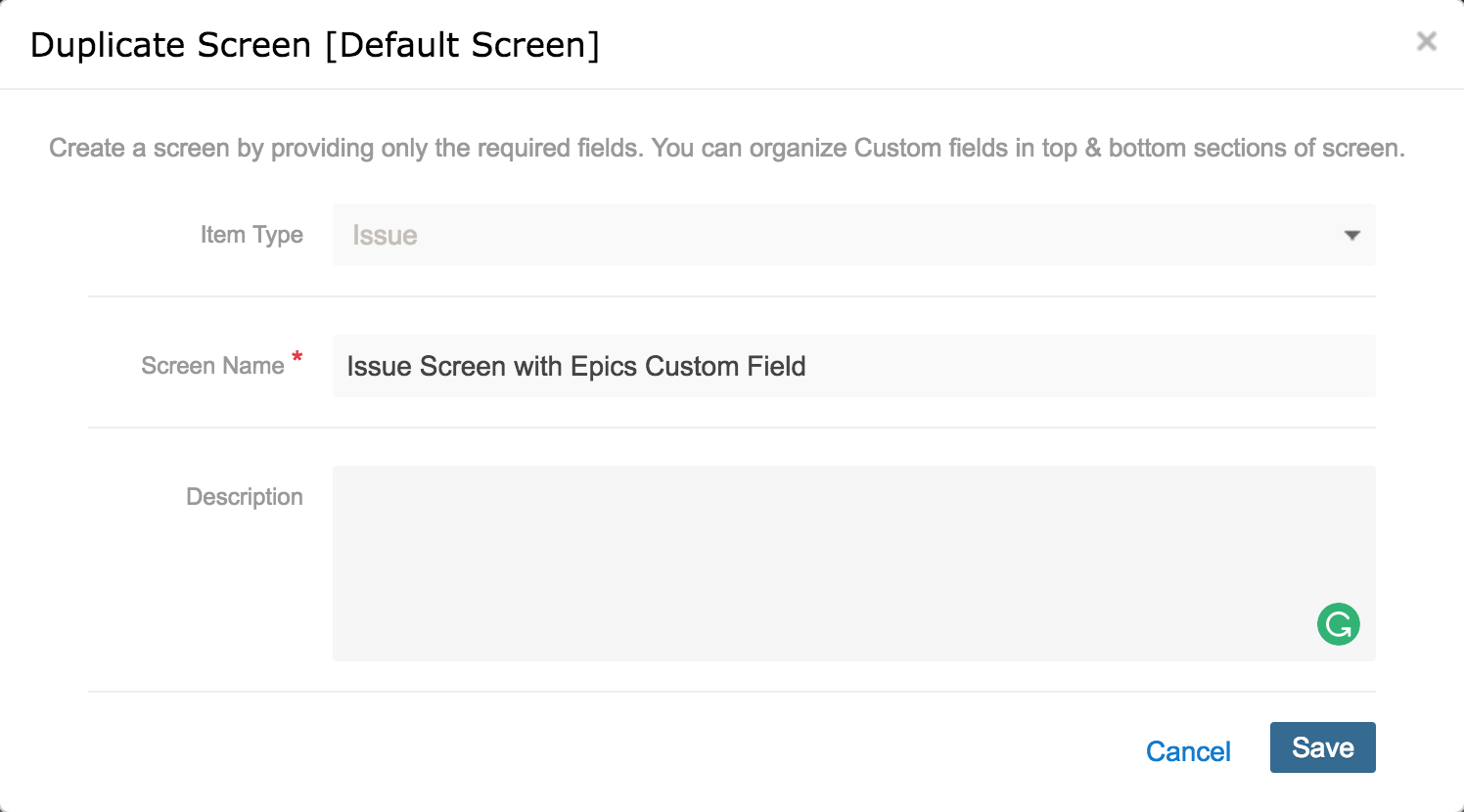 Default Manage Custom Screen